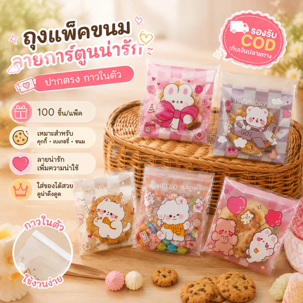 ถุงฝากาวลายน่ารัก 7×7+3 ซม. 100 ใบ/แพ็ค ถุงคุกกี้ ถุงเบเกอรี่ ถุงขนม