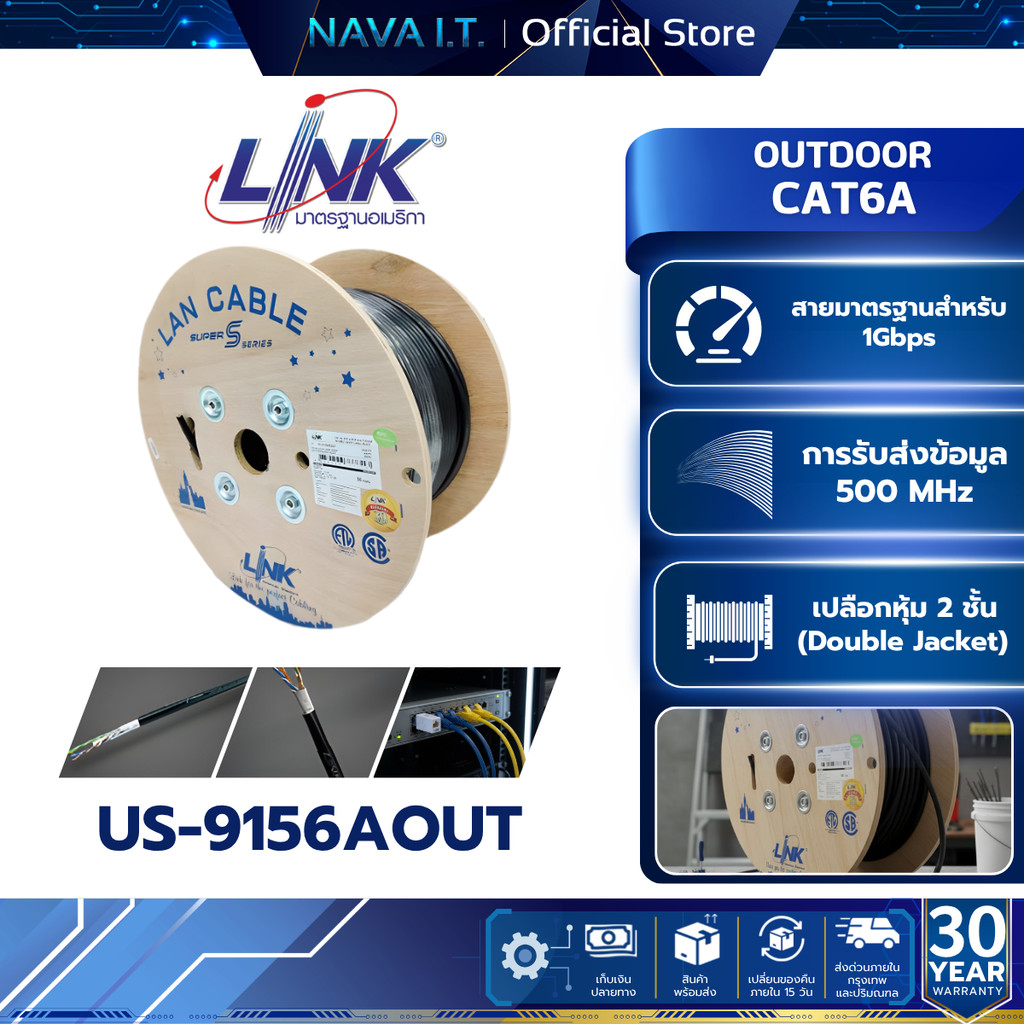 LINK US-9156AOUT LAN CABLECAT 6A UTP SUPER-S OUTDOOR (DOUBLE JACKET) 305 M/ROLL รับประกัน 30 ปี