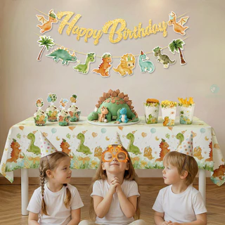 GeeParty ผ้าคลุมโต๊ะพลาสติกกันน้ำ 220 ซม. ลาย Dancing Dino ธีมไดโนเสาร์ ของตกแต่งวันเกิดเด็ก อุปกรณ์ปาร์ตี้วันเกิด