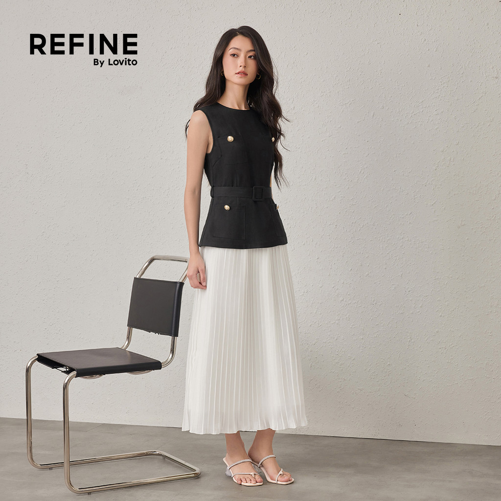 (Refine by Lovito)เดรสทำงาน ผ้าชิฟฟอน เทียมสองชั้น ต่อผ้า มีกระเป๋า เดรสผู้หญิง ฤดูใบไม้ผลิ-ฤดูร้อน DRR42P1D047 — صورة 4