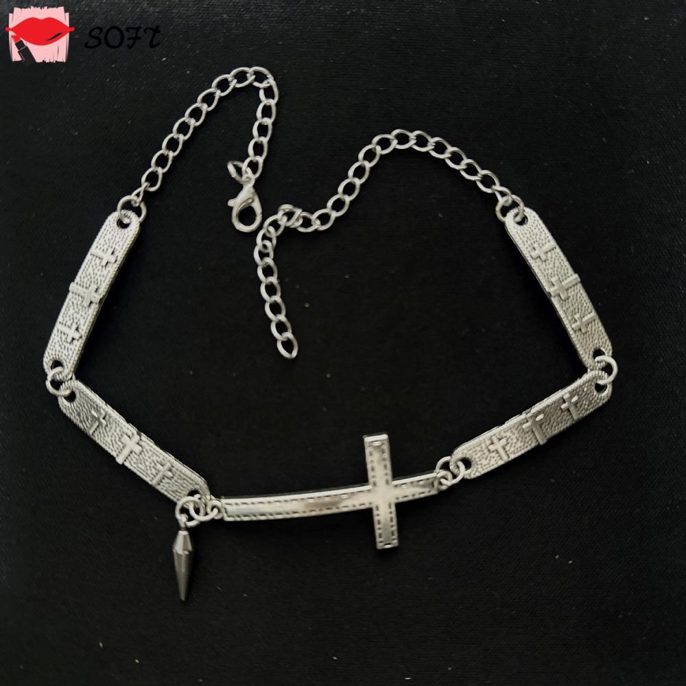 สร้อยคอโช้คเกอร์ SOFTNESS, Grunge Rock Punk Spliced Cross Necklace, Y2K Silver Cross Pendant Chain J