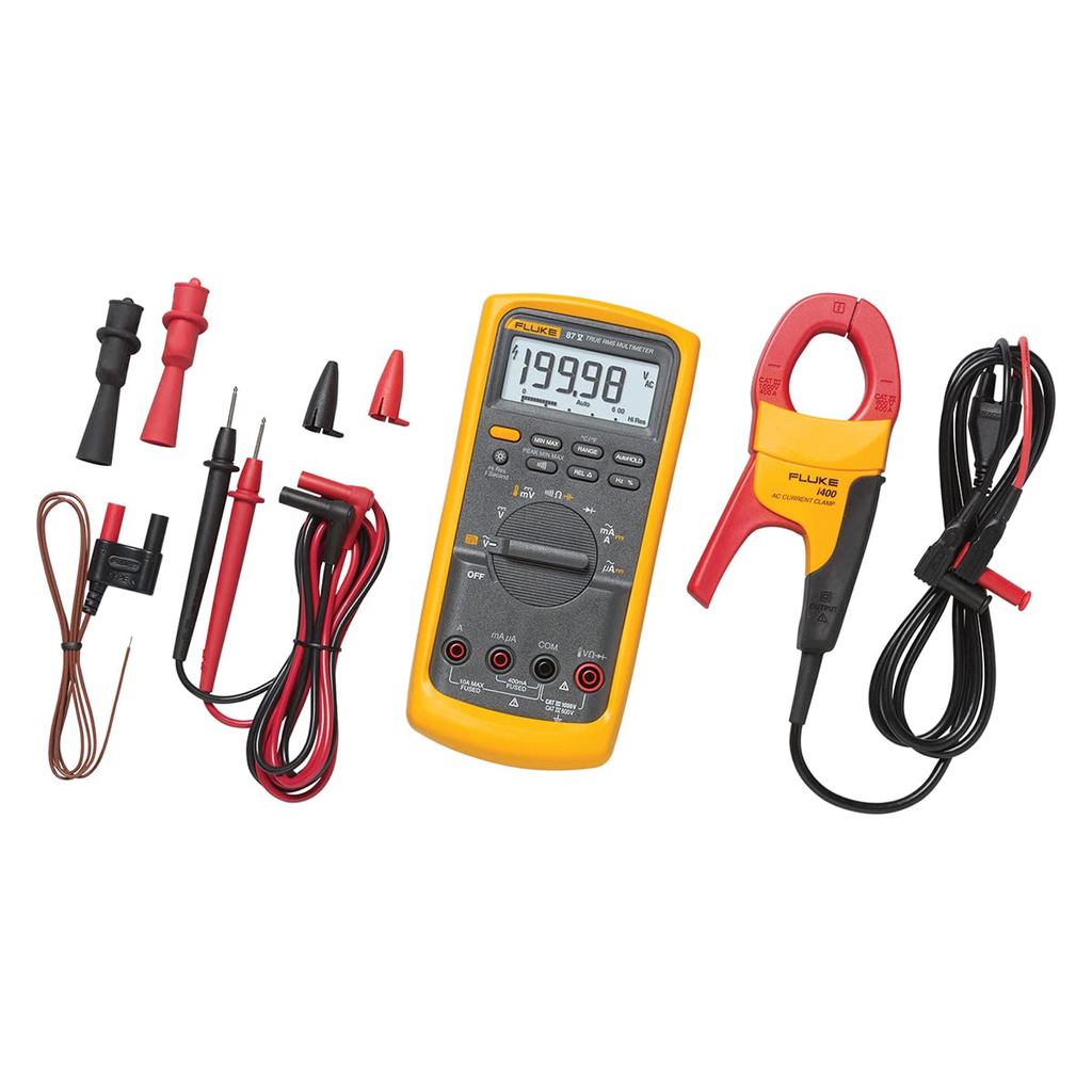 Fluke 87V/IMSK มัลติมิเตอร์แบบดิจิตอลอุตสาหกรรมพร้อมชุดแคลมป์กระแสไฟ Fluke i400, แปลง 87V เป็นแคลมป์