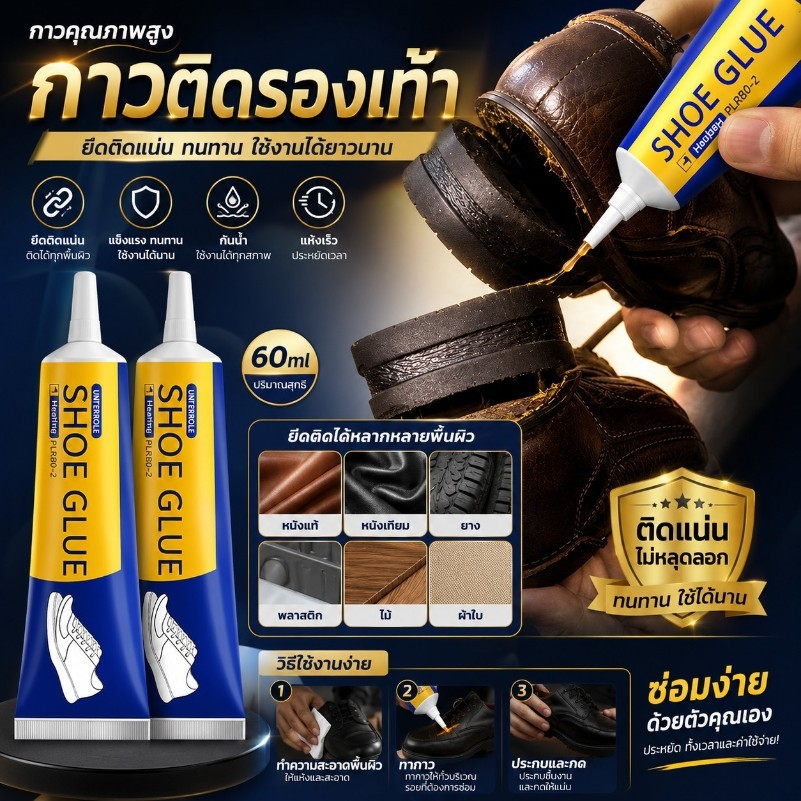 Jibbyhome กาวติดรองเท้า 60ml กาวซ่อมรองเท้าแบบกันน้ำ เหนียวแน่นติดทน หัวเข็มใช้ซ้ำได้ ไม่ทำร้ายรองเท้า #AQ-0003