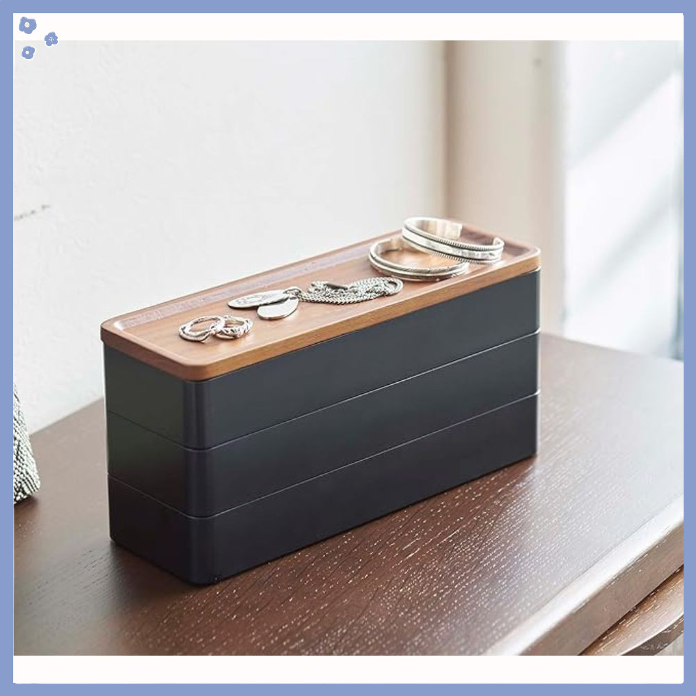 Yamazaki RIN Slim Jewelry Box 3-Tier Wooden Lid Accessory Storage Case Tray Organizer
