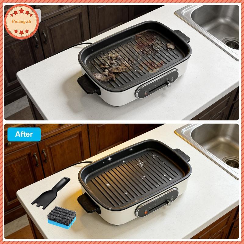 PUFANG 3 ชิ้น Grill Scraper ฟองน้ําชุด Long Lasting Griddle เครื่องมือทําความสะอาดสําหรับ Grooved Gr