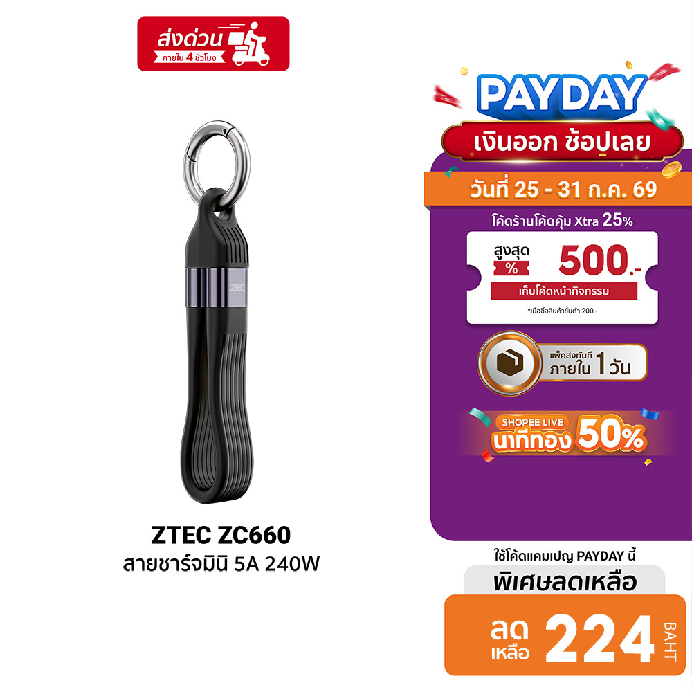 ZTEC ZC660 5A 240W สายชาร์จพวงกุญแจ PD3.1 รองรับ Thunderbolt 4 / USB 4 การเชื่อมต่อภาพ 8K -2Y