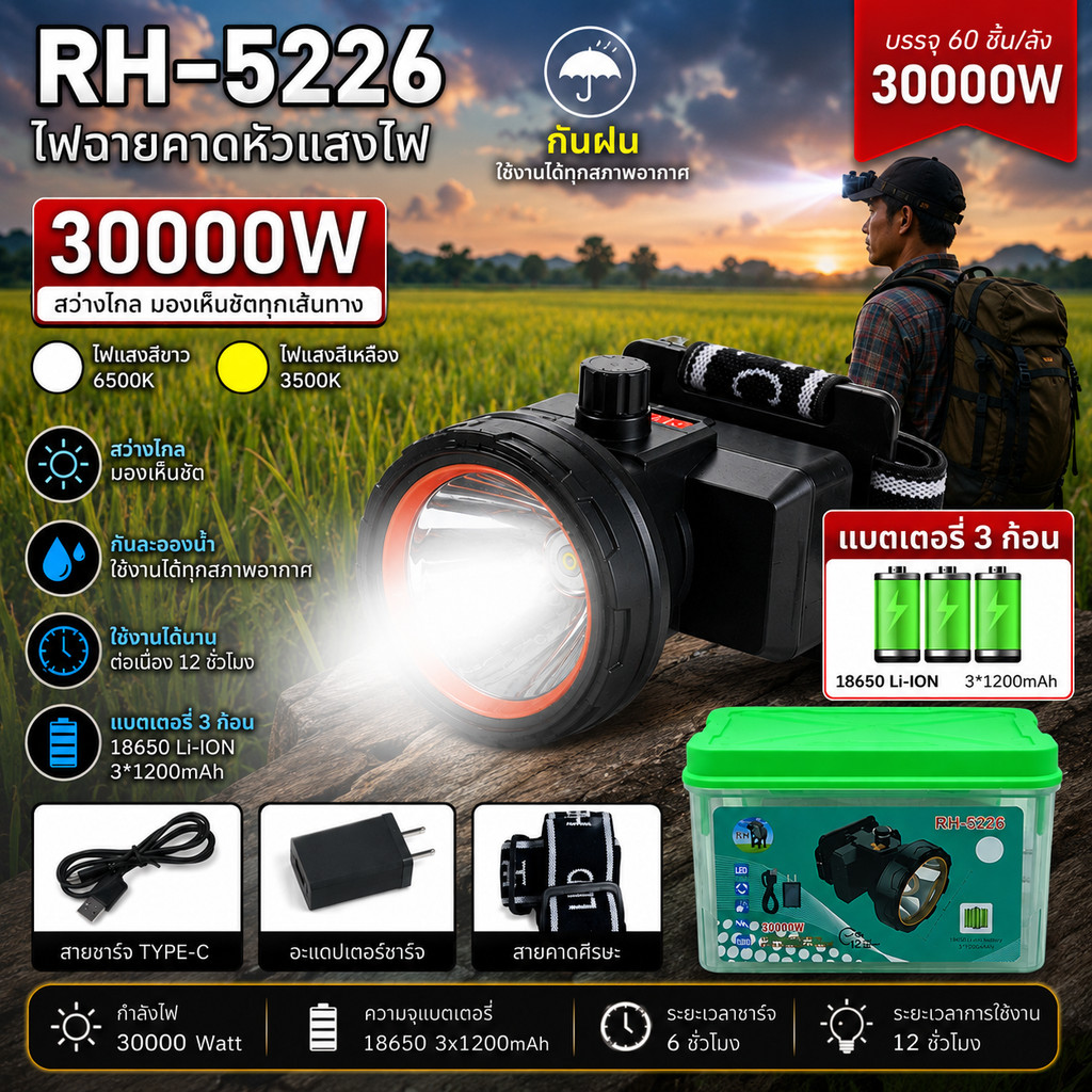 ไฟฉายคาดหัว LED รุ่น RH-5226 สว่างแรง ใช้งานได้นาน เหมาะสำหรับงานกลางคืน งานเกษตร เดินป่า ตกปลา ล่าสัตว์
