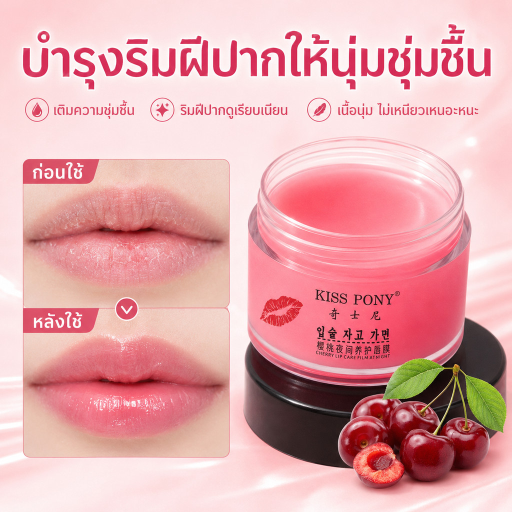 พร้อมส่ง KISS PONY ลิปมาสก์ กลางคืน เชอร์รี่ เติมความชุ่มชื้น ลดเลือนร่องริมฝีปาก ผลัดเซลล์ผิวเก่า ให้ปากนุ่มชุ่มชื้น