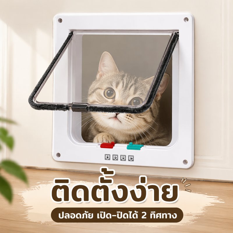 ประตูแมว ประตูสัตว์เลี้ยง สี่ทางล็อค สองทางเข้าออก อุปกรณ์ประตูบ้าน ติดตั้งง่าย สำหรับแมวสุนัข