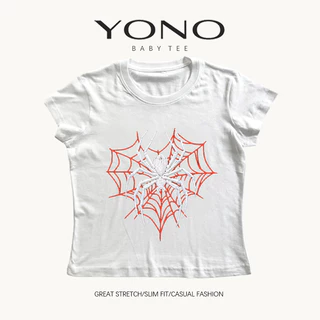 (พร้อมส่ง24ชม.) YONO baby tee สีดำ ลายแมงมุมสีขาวกับใยสีแดง ทรงเข้ารูป สไตล์โกธิค y2k