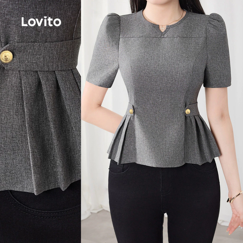Lovito สง่างาม เสื้อเชิ้ตสีเทาเข้มหัวเข็มขัดโลหะหรูหรา เสื้อเชิ้ตฤดูใบไม้ผลิ/ฤดูร้อนสำหรับผู้หญิง L154ED525