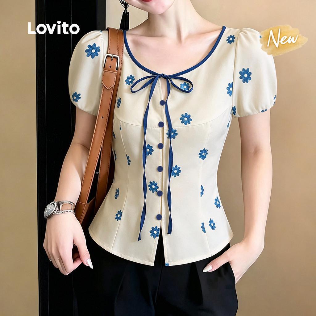 (New Arrival) Lovito เสื้อลำลองสไตล์เกาหลีแบบสีตัดกัน สำหรับฤดูใบไม้ผลิ/ฤดูร้อน สำหรับผู้หญิง LK7ED564