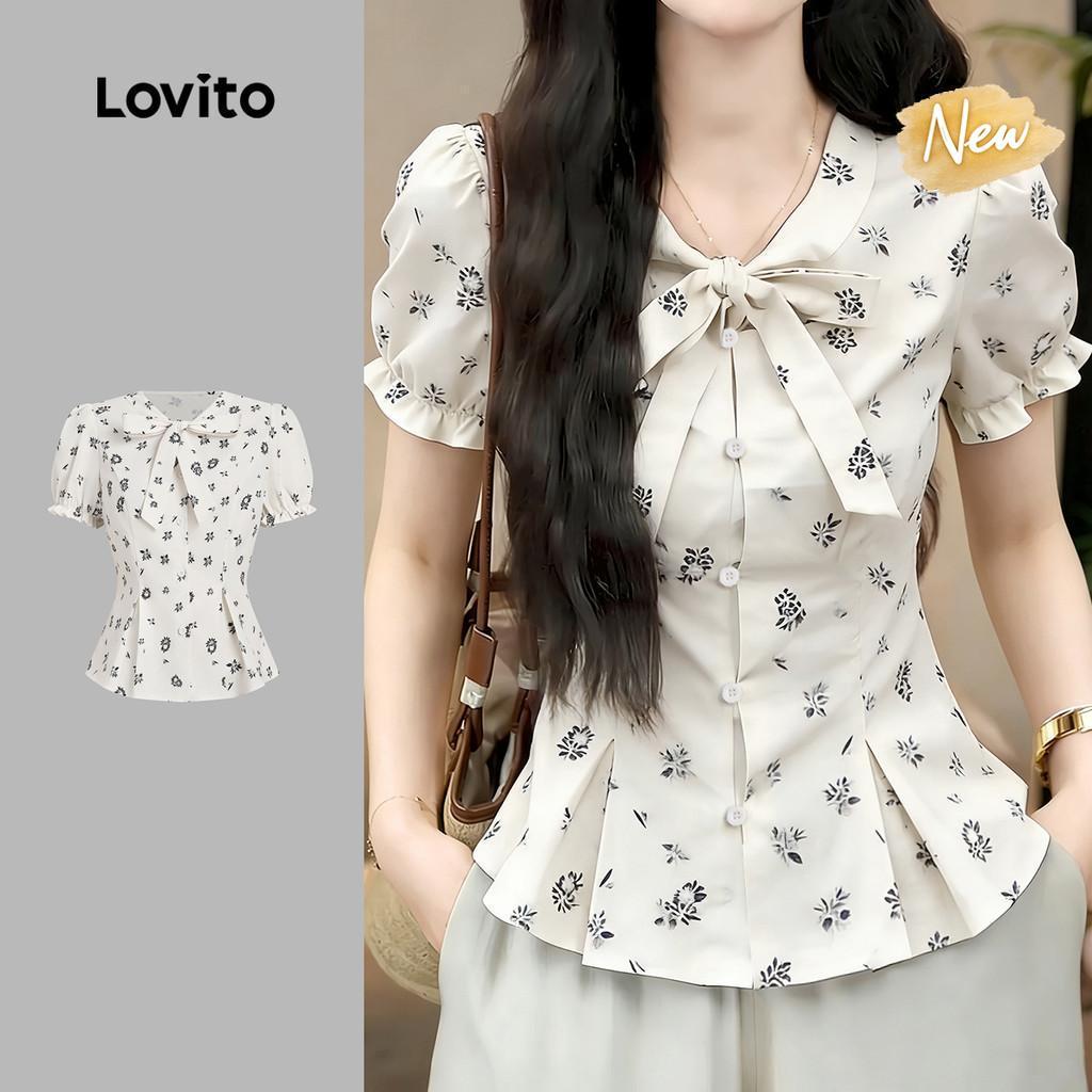 (New Arrival) Lovito เสื้อเบลาส์ลําลองแบบผูกด้านหน้าจีบสําหรับฤดูใบไม้ผลิและฤดูร้อนของผู้หญิง เกาหลี อินเทรนด์ L197AD008