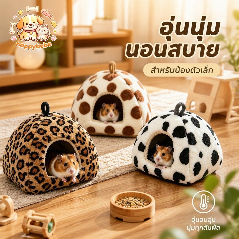 บ้านนอนสัตว์เล็ก ทรงโดม ผ้าคอรัลฟลีซ อุ่นนุ่ม เบาะถอดได้ ฐานกันลื่น แขวนกรงได้ สำหรับแฮมสเตอร์