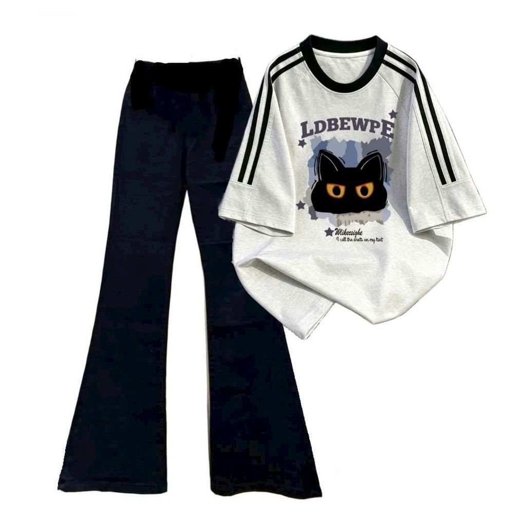 เซ็ตกางเกงขาบานยืดยาว + เสื้อยืดทรงหลวมนกฮูกน่ารัก mix-thushop999