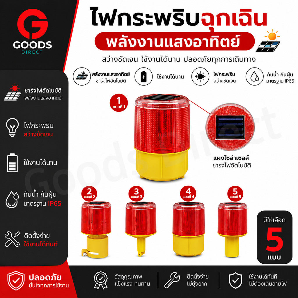 ไฟฉุกเฉิน ไฟจราจร ไฟติดกรวย กระพริบ แสงสีแดง  ใช้พลังงานเเสงอาทิตย์ สินค้าพร้อมส่งในไทย