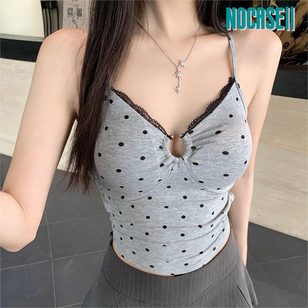 NOCASE Crop Vest Tops, ลูกไม้ V คอออกแบบ Polka Dot ผ้าฝ้าย,แฟชั่นสปาเก็ตตี้ Cross Backless Ropa Muje