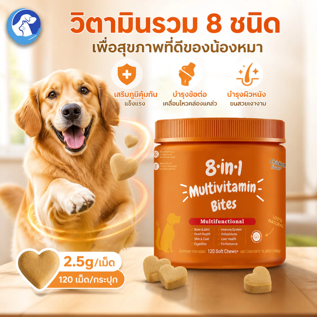 วิตามินหมา 120ชิ้น ขนมสุนัข 8in1 ความงาม ผม เสริมแคลเซียม ปรับสภาพลำไส้และกระเพาะอาหาร ดูแลหัวใจ