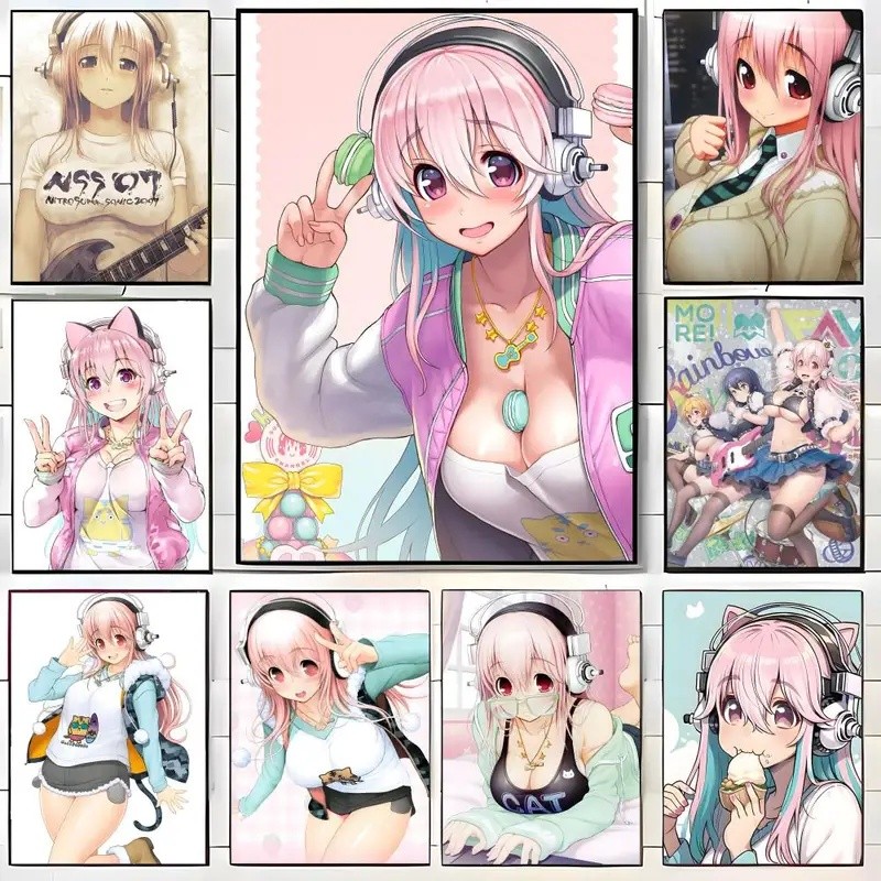 3JBM อะนิเมะ S-Super Sonico โปสเตอร์ Self-กาวศิลปะกระดาษกันน้ําสติกเกอร์กาแฟ House Bar Room Wall Dec