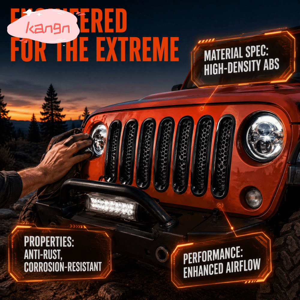 KANGN 7PCS ตะแกรงกันชนหน้า, ABS ตรง Fit ตาข่าย Grille ใส่, Engine Guard สีดํารถ Grille สําหรับ Jeep 