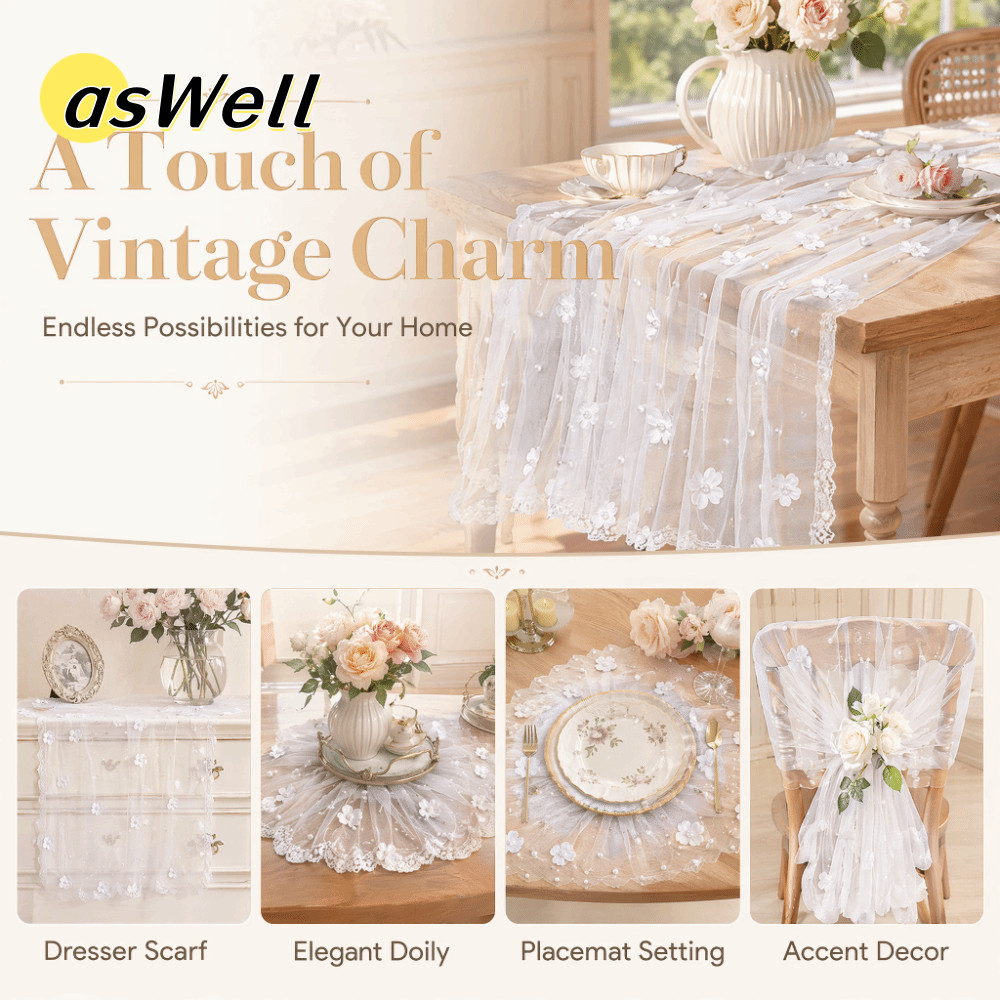 ASWELL Pearl Tulle Table Runner, Hollow-out Semi Transparent Tulle Gauze Table Cloth, Romantic 200x8