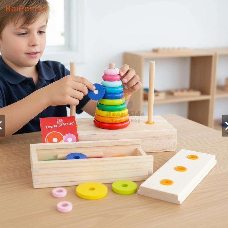 [BaiPester] 8 Rings Tower Of Hanoi Learning ของเล่นไม้ 8 ชั้น Rainbow Tower Building Blo