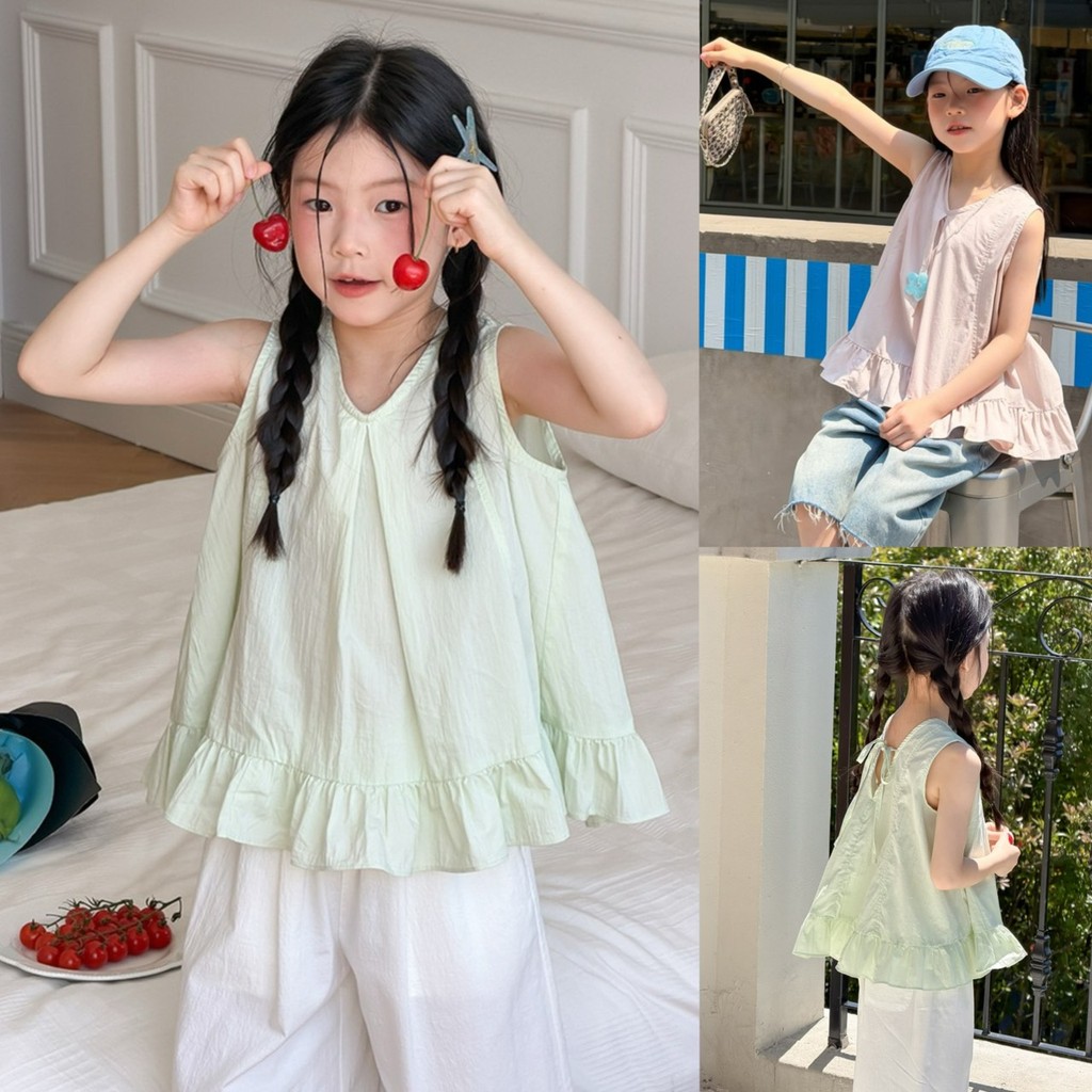 PRETTY BABY เสื้อเด็ก เสื้อกล้าม เสื้อแขนกุดคอวี แต่งระบาย สไตล์เกาหลี (2351)
