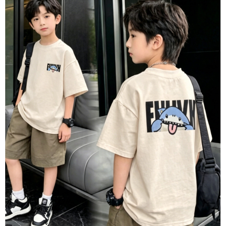 cod เสื้อยืดเด็ก ลายฉลาม กลับไปโรงเรียน เสื้อประจำวันเด็กผู้ชาย ลายตัวอักษร แขนสั้นหน้าร้อน จ่ายเงินปลายทางได้