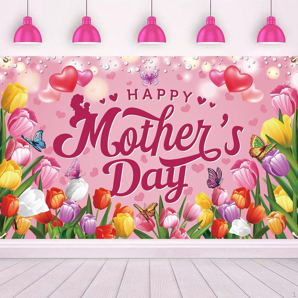 Happy Mothers Day แบนเนอร์ 72 x 44 นิ้วขนาดใหญ่ Mothers Day ฉากหลังสําหรับ Mothers Day Party ตกแต่ง