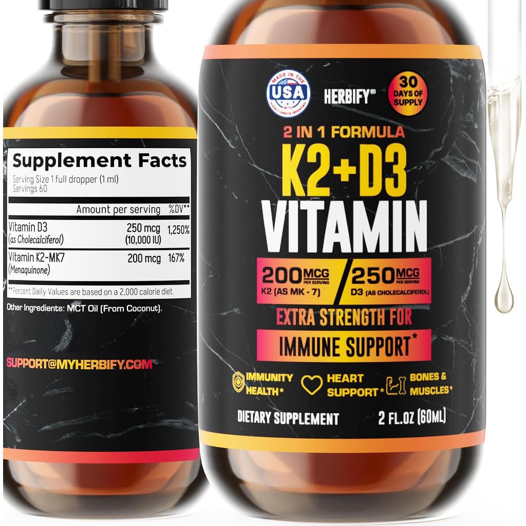 Vitamin D3 K2 Drops – Liquid Vitamins for Women, Men & Teen - Bone Strength Supplements - D3 K2 Mt V