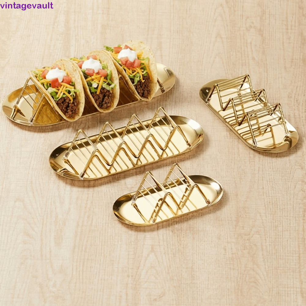 VINTAGEVAULT Taco Stand พร้อมถาด, ที่วาง Taco สแตนเลสรูปตัว W กันสนิม, ทําความสะอาดง่ายพร้อมถ้วยซอสก
