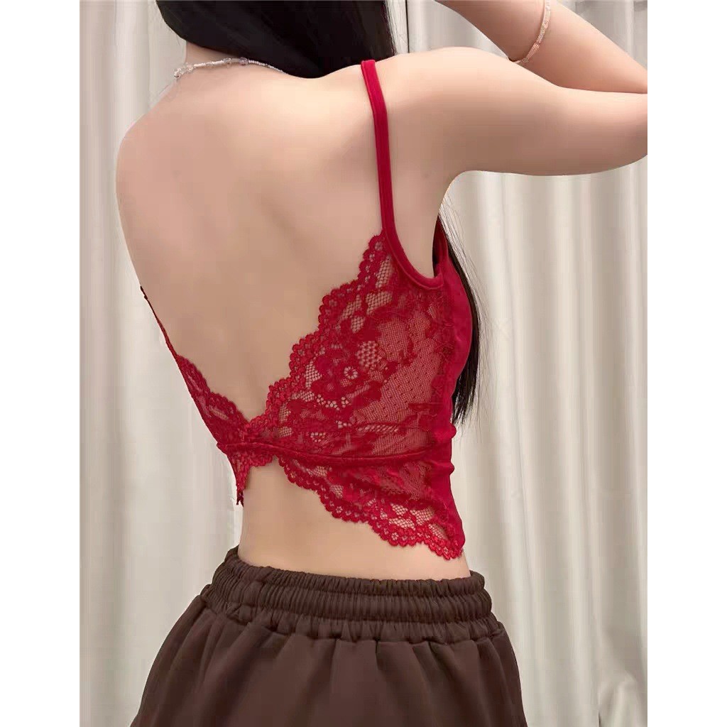 [ELLEVENTH] Bra Top มาพร้อมแผ่นรองหน้าอกลูกไม้ Camisole Bowknot น่ารักฝรั่งเศส Pure Desire สไตล์ถ้วยเสื้อกั๊กสาวสั้นบางสายคล้องไหล่สวยกลับไม่มีแหวนเหล็ก Slim-Fit Slimmer ดูภายในเกาหลีสาวร้อนอเนกประสงค์สวมใส่ด้านนอก แผ่นรวมฤดูร้อน