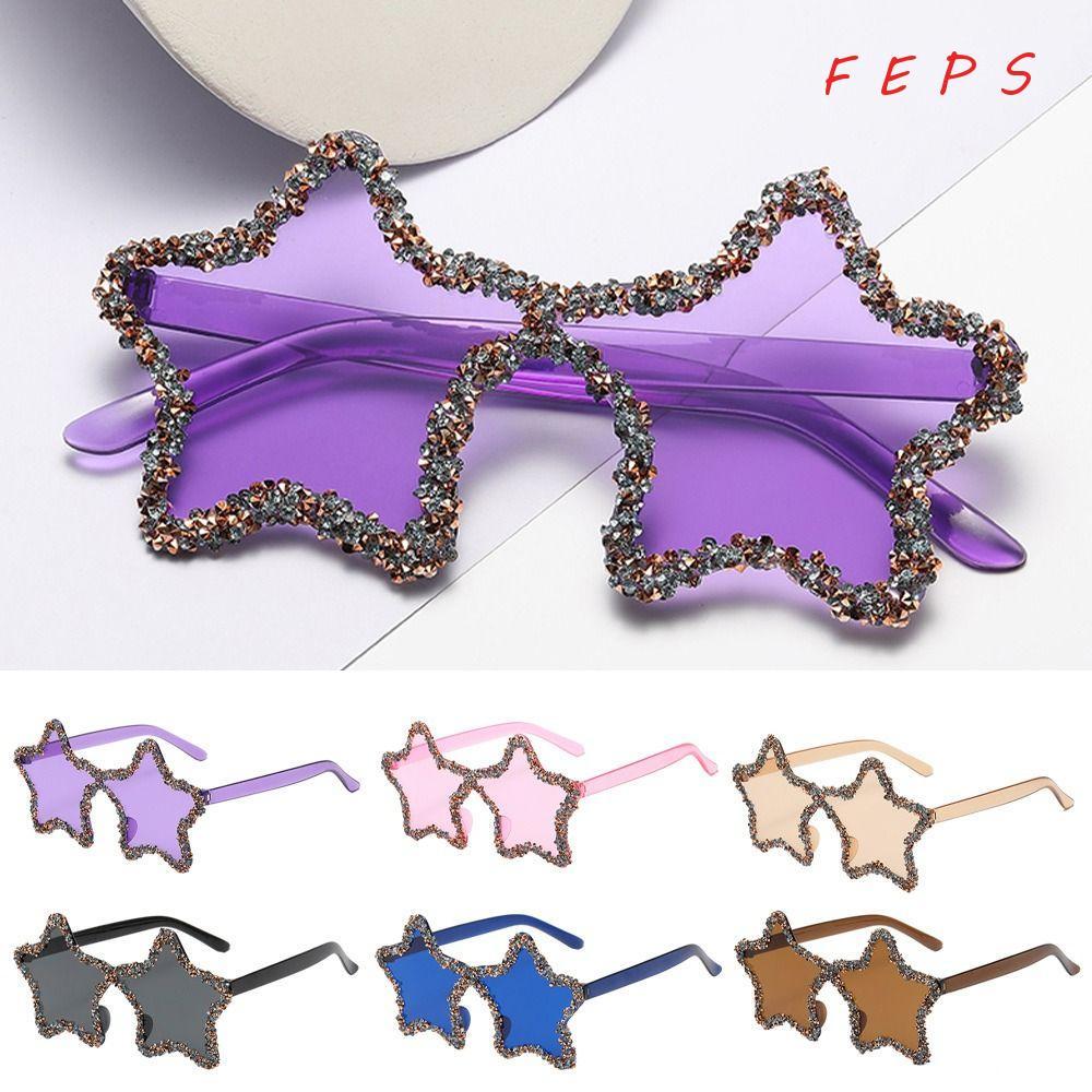 FEPS แว่นกันแดดรูปดาว, UV400 ป้องกัน Pentagon Rhinestone Pentagon แว่นตากันแดด Pentagon, Y2K สีสัน S