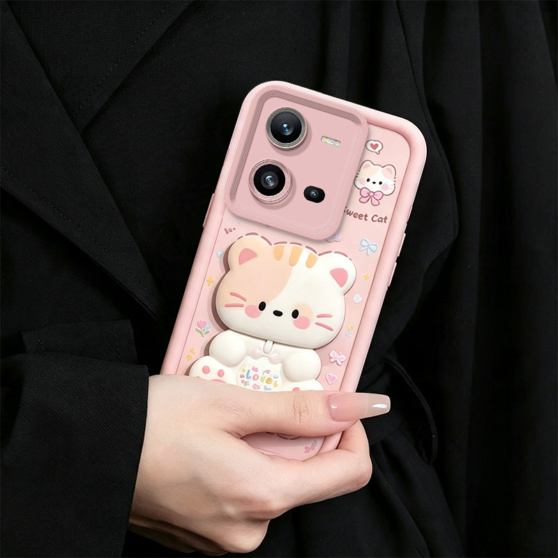 เคสสําหรับ VIVO V25 V25E V25 PRO 5G เคสโทรศัพท์ซิลิโคนกันกระแทกออกแบบใหม่ความงามกระจกแต่งหน้าพร้อมที่วาง 360° หมุนแมวสีชมพูน่ารักสําหรับเด็กผู้หญิง JTMZJ1