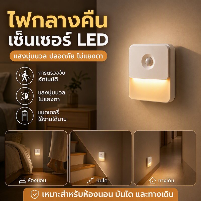 ไฟกลางคืนเซ็นเซอร์ LED ติดแม่เหล็ก ชาร์จ Type C เปิดอัตโนมัติ แสงนุ่มนวล สองด้าน แบตเตอรี่ใช้งานได้นาน ทางเดิน บันได