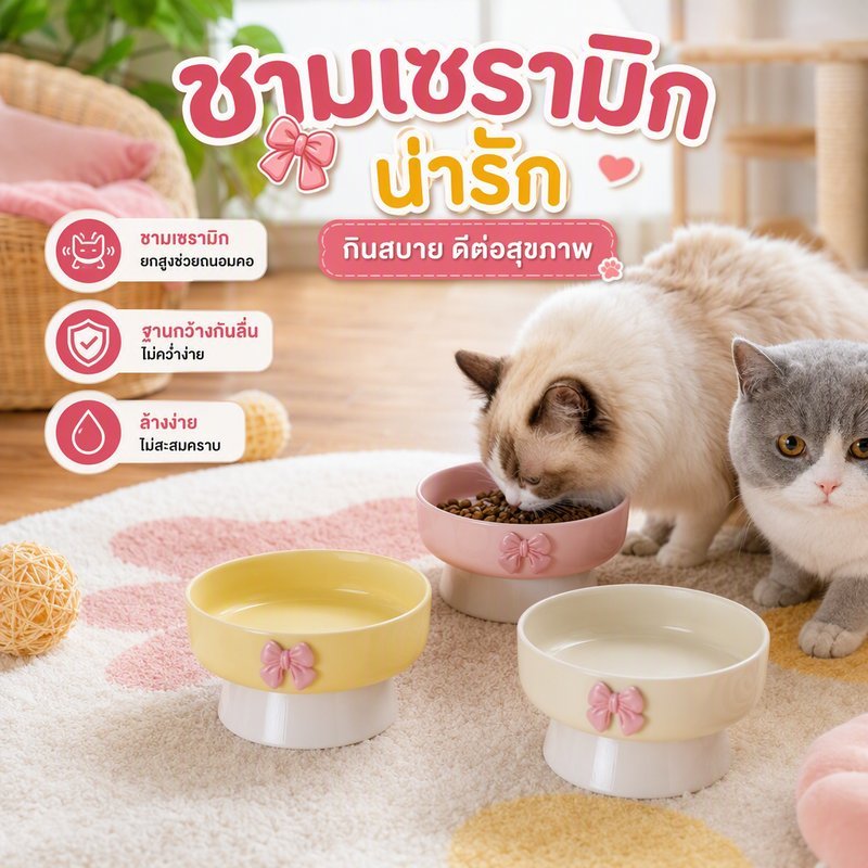 ชามอาหารแมวเซรามิก ยกสูง กันลื่น ถนอมคอ โบว์น่ารัก ใส่น้ำได้ ล้างง่าย ชามอาหารหมา เล็ก