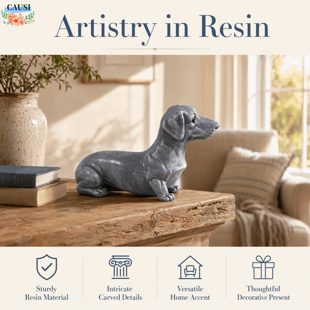 CAUSI สังเคราะห์เรซิ่น Dachshund ตุ๊กตา,สีเทาสุนัขสุนัขรูปเดสก์ท็อปเครื่องประดับ,สังเคราะห์เรซิ่น 6.