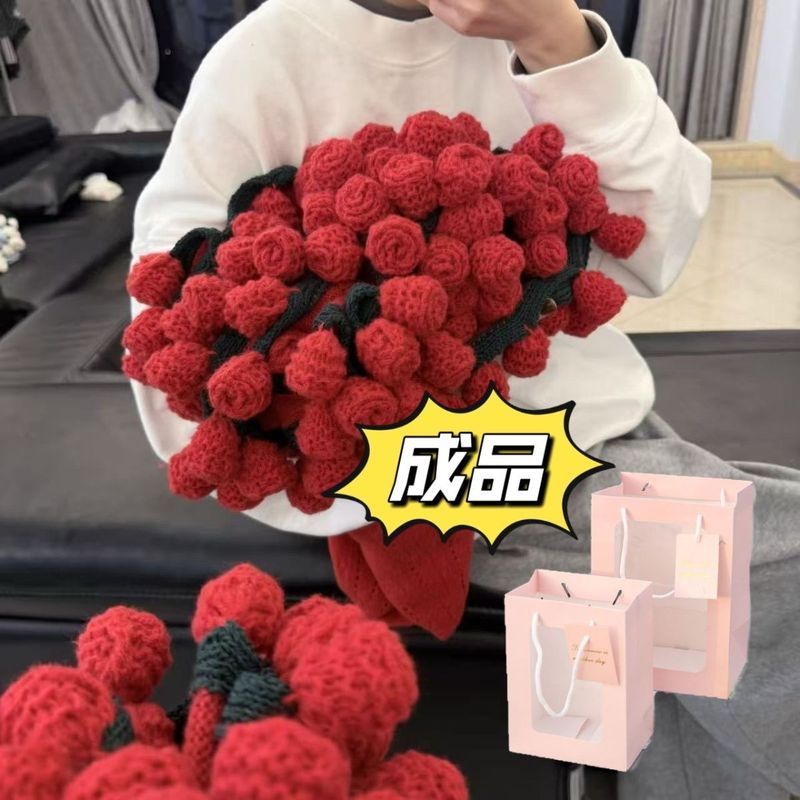 母亲节玫瑰花成品毛线* 仿真花手工编织毯子蜜创意花束生日礼物Rose Bouquet Blanket, Finished Yarn, Hand Crocheted Flower Blanket, Ne