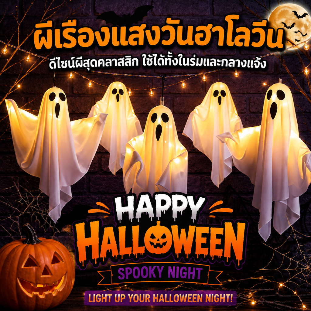 COD🎃วันฮัลโลวีน ตกแต่งไฟ LED รูปแบบผีสีขาว DIY ไฟกระพริบสำหรับงานปาร์ตี้ในร่ม บรรยากาศของการตกแต่งในห้างหรือบ