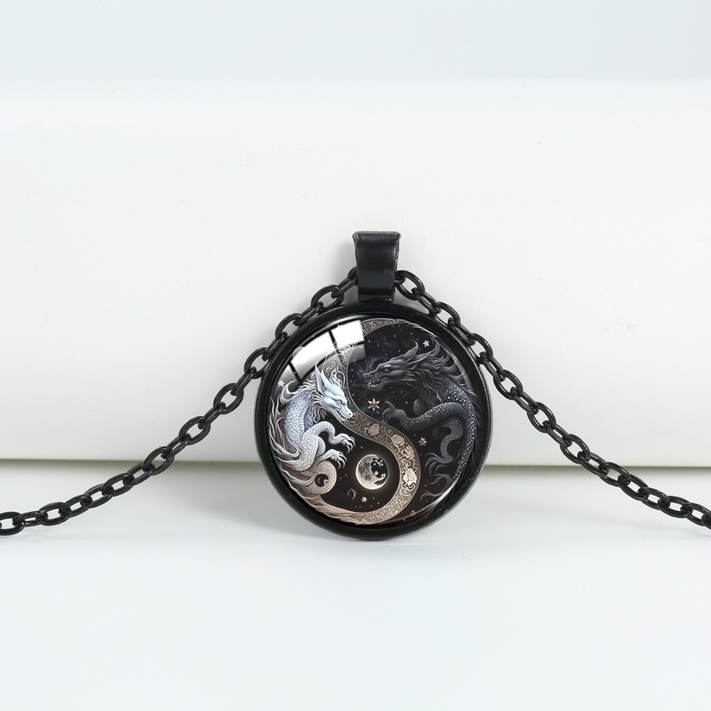 Tai Chi Yin Yang Animal Time Gem Alloy Necklace Black Chain National Trend Retro Men Women All-Match