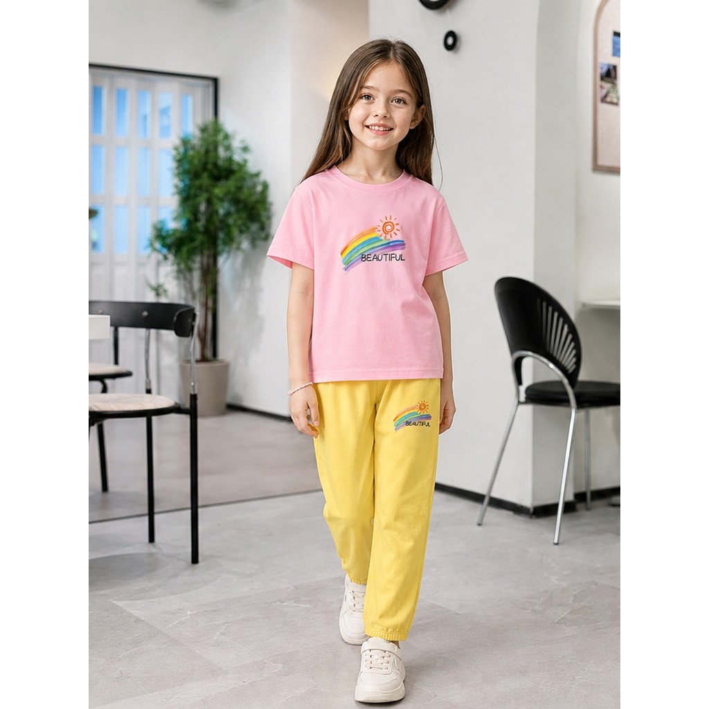 สาวฤดูร้อน 2 ชิ้นชุด Rainbow Sun พิมพ์เสื้อยืดแขนสั้น + Anti-ยุงกางเกงขายาวเด็กเสื้อผ้าชุดลําลอง