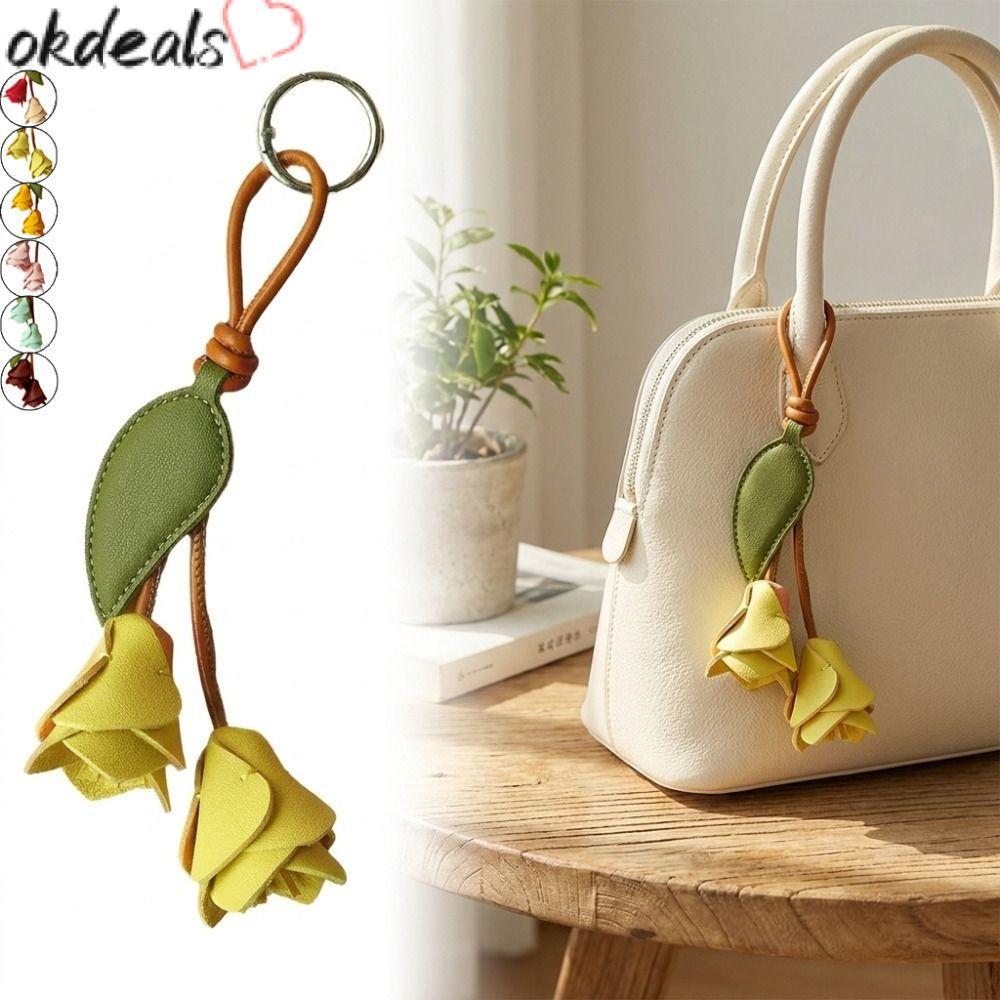 OKDEALS TULIP Bag Charm, PU หนัง Handmade ดอกไม้กระเป๋า Charm, แฟชั่นดอกไม้น่ารัก Chic TULIP พวงกุญแ