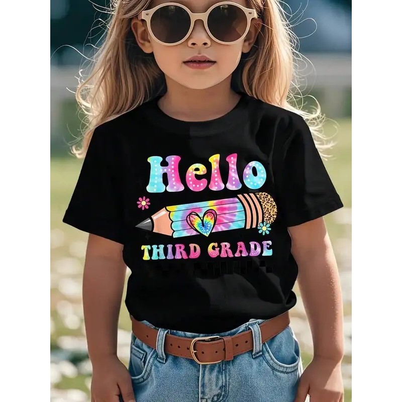 เสื้อยืดกราฟิก Hello 3rd Grade - Back To School ชุดเกรดสามพิมพ์ลายเสือดาวและการออกแบบดินสอ, เด็กชายแ