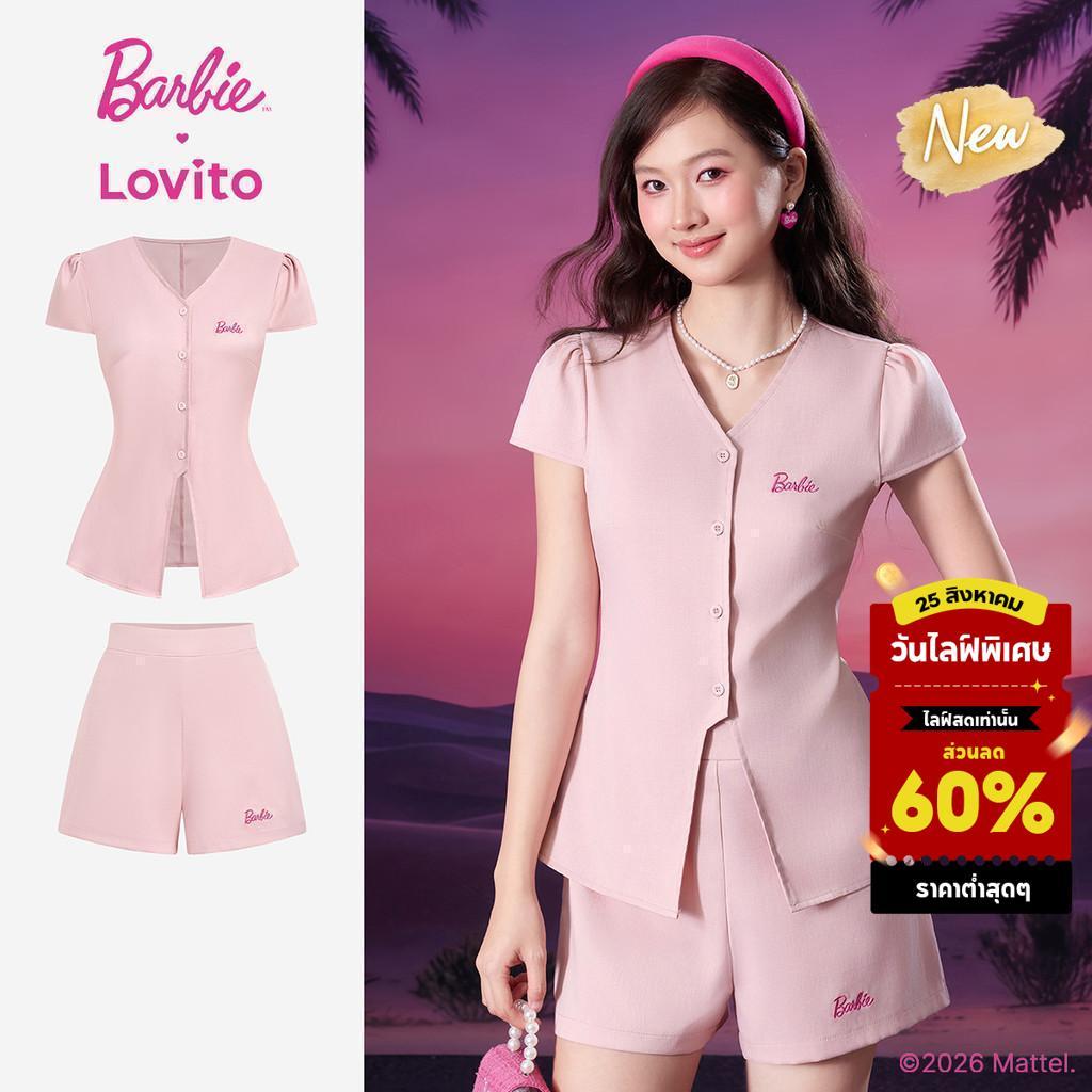 (New Arrival) Barbie™ X Lovito เสื้อท็อปสีชมพูผู้หญิง ฤดูใบไม้ผลิ/ร้อน แขนสั้น คอวี เอวกลาง ขากว้าง ปักลาย กระดุมหน้าและร่องหน้า เกาหลี อินเทรนด์ LBL5AD051