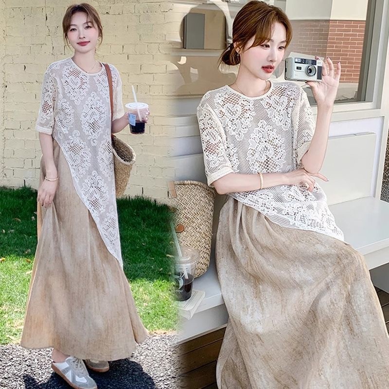 Dahong 99518/19   เสื้อลูกไม้แขนยาวสีขาว+เดรสยาวสายเดี่ยวสีกากี  สำหรับผู้หญิง สไตล์แฟชั่นสมัยใหม่ เหมาะสำหรับวันร้อน
