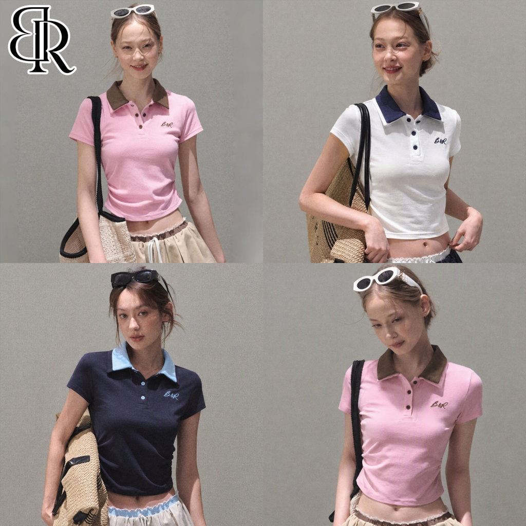 B&R พร้อมส่ง POLO เสื้อโปโลแขนสั้นผู้หญิง เสื้อครอป ทรงรัดเอว ดีไซน์ตัดสี งานปักตกแต่ง สไตล์เกาหลี