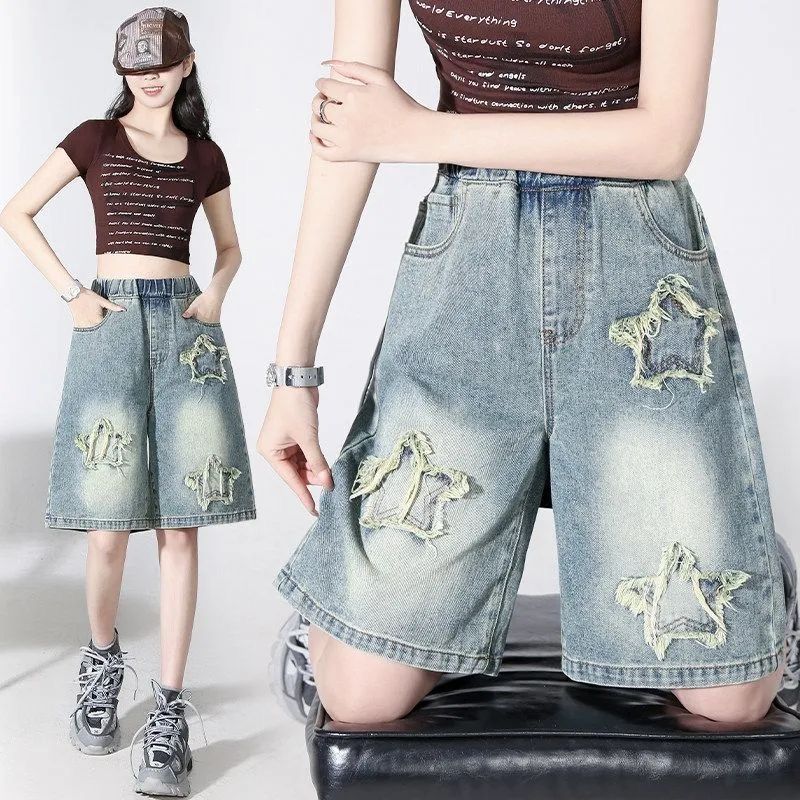 YHMFZ825 ฤดูร้อนสไตล์ใหม่ขนาดใหญ่ปัก Star Denim กางเกงขาสั้น Slimmer ดู All-Match Cropped กางเกง