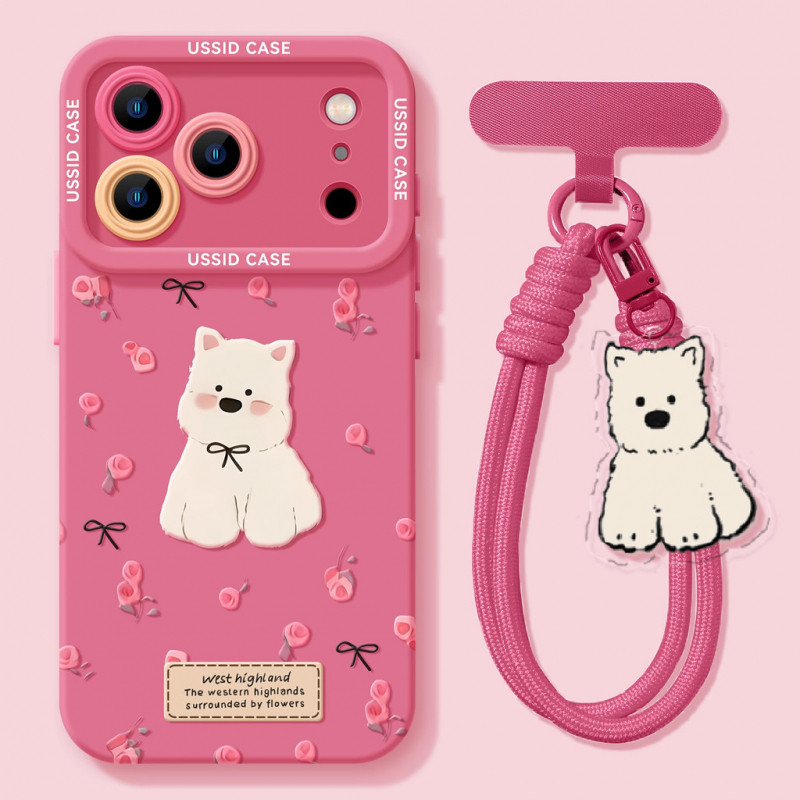 VibeCo Pink Rose Westie Case iPhone 11-17 Series สไตล์ Girly น่ารักพร้อมเชือกเส้นเล็ก