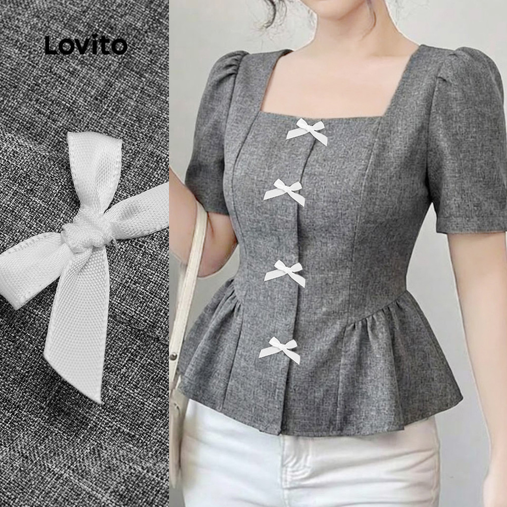 Lovito สง่างาม เสื้อเบลาส์หรูหรา ดีไซน์ชายระบายผูกโบว์ สีตัดกัน สำหรับฤดูใบไม้ผลิ/ฤดูร้อน สีเทา สำหรับผู้หญิง L177ED093