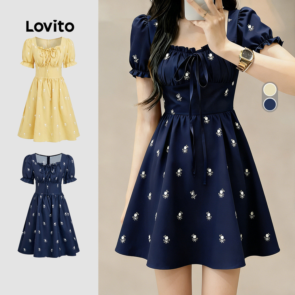 Lovito แคชชวล เดรสลําลองผูกเชือกแต่งระบายฤดูใบไม้ผลิ/ฤดูร้อนสีกรมท่าสําหรับผู้หญิง LBL33053